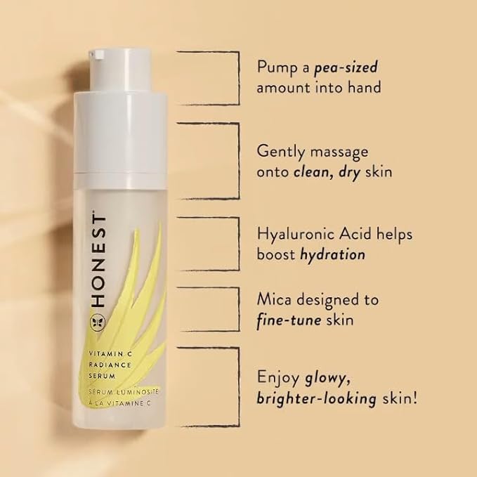 Honest Beauty Vitamin C Radiance Brightening Serum | Improves Skin Tone + Complexion | Vitamin C, Pearl, Hyaluronic Acid | EWG Verified + Cruelty Free | 1 fl oz-GlimoraGlow