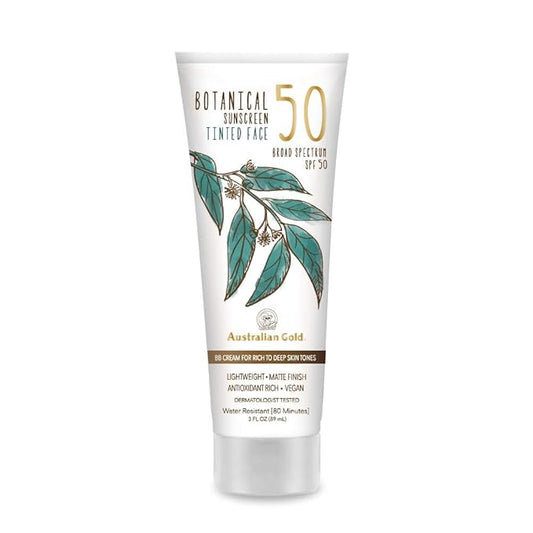 Australian Gold Botanical SPF 50 Tinted Sunscreen for Face, Non-Chemical BB Cream & Mineral Sunscreen,Water-Resistant,Matte Finish,For Sensitive Facial Skin,Rich to Deep Skin Tones, 3 FL Oz, Rich-Deep-GlimoraGlow
