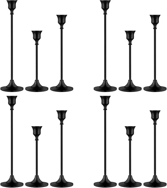 Metal Candle Holders for Candlesticks Taper Candlestick Holders Set Vintage Decorative Centerpiece Candelabra Tall Candle Stands for Halloween Thanksgiving Christmas (Matt Black, 4 Sets (12 pcs))