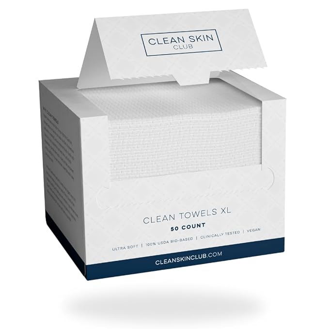 Clean Skin Club Clean Towels XL, USDA Certified 100‪%‬ Biobased Dermatologist Approved Disposable Face Towelette, Facial Washcloth, Makeup Remover Dry Wipes, Ultra Soft, 150 count, 3 pack-GlimoraGlow