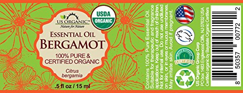 US Organic 100% Pure Bergamot Essential Oil, USDA Certified Organic, Cold Pressed, with Euro droppers (More Size Variations Available) (15 ml / .5 fl oz)-GlimoraGlow