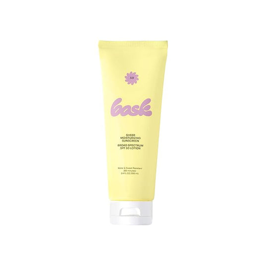 Bask Suncare SPF 50 Sheer Moisturizing Sunscreen Lotion - Broad Spectrum UVA/UVB Protection, Dermatologist Recommended, Hydrating, Lightweight & Fast Absorbing, No White Cast, Travel Size, 3.4 fl oz-GlimoraGlow