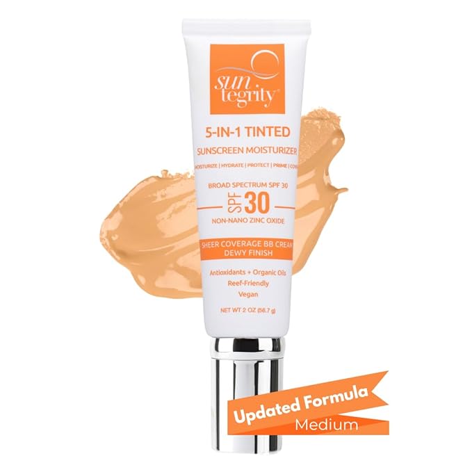 Suntegrity Tinted 5 in 1 Mineral Sunscreen for Face (SPF 30-2 oz) - Medium | BB Cream Moisturizer with Physical UVA/UVB Broad Spectrum Protection | Safe for Sensitive Skin-GlimoraGlow