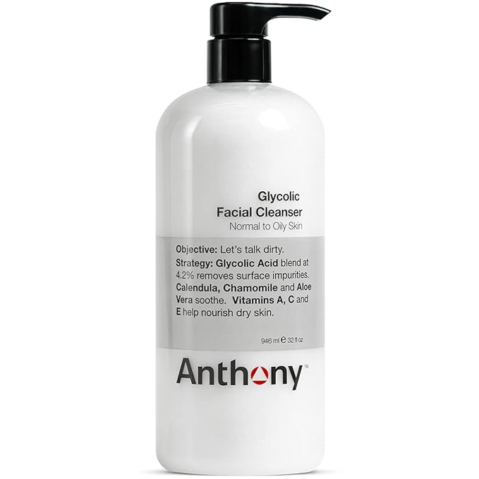 Anthony Glycolic Facial Cleanser for Men, Daily Exfoliating & Hydrating Face Wash, Shave Prep, Non-Foaming, Deep Cleansing, Gentle on Sensitive Skin, Removes Dirt & Oil, Smooths Texture, 32 Fl Oz-GlimoraGlow