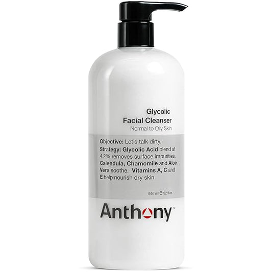 Anthony Glycolic Facial Cleanser for Men, Daily Exfoliating & Hydrating Face Wash, Shave Prep, Non-Foaming, Deep Cleansing, Gentle on Sensitive Skin, Removes Dirt & Oil, Smooths Texture, 32 Fl Oz-GlimoraGlow
