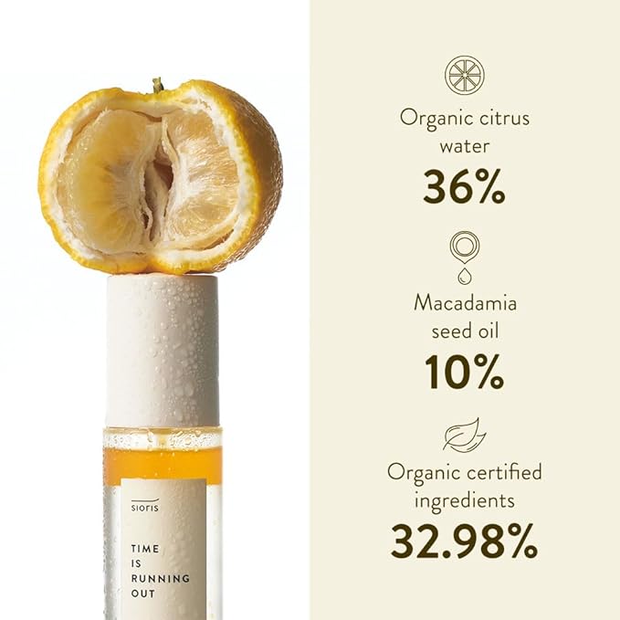 SIORIS Time Is Running Out mist 3.38 Fl oz, Organic and vegan face mist for Sensitive skin, jojoba oil for moisture lock, enriched citrus water rejuvenates, glass veil finish-GlimoraGlow