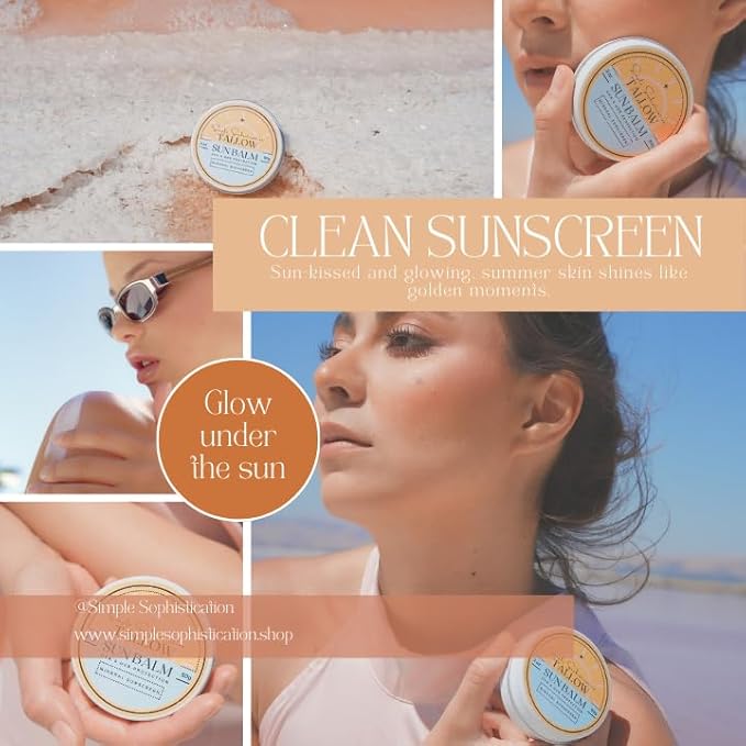 Tallow Sun Balm- with grassfed beef tallow, castor oil, zinc oxide | Mineral Sunscreen | Natural, Organic | Reef Safe, Ocean Friendly | Spf 30 - suitable for sensitive skin (2 oz) (Medium)-GlimoraGlow