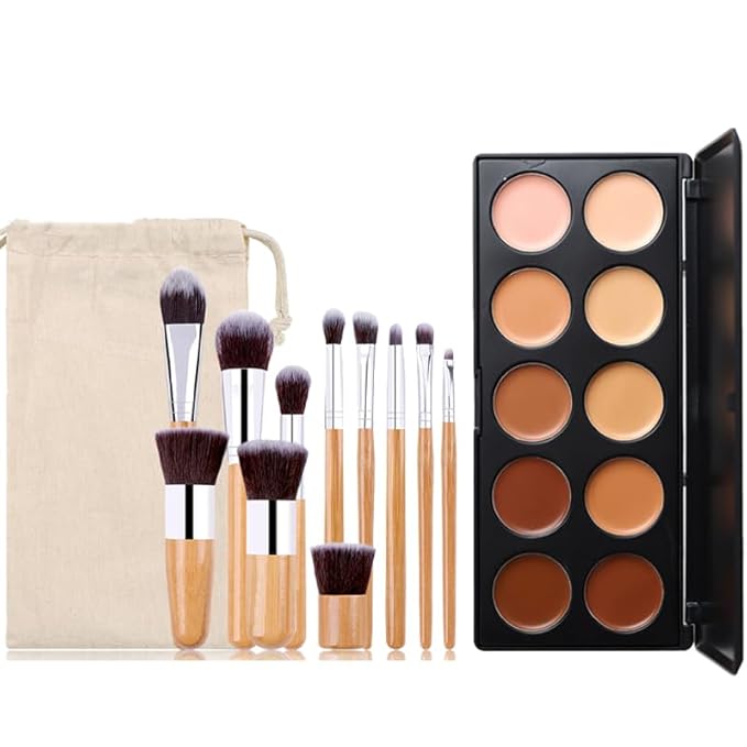 10 Shade Creamy Concealer Kit with Makeup Brush Set, 3 In 1 Professional Cream Concealer, Contour, Foundation, Color Corrector for Diminishes Appearance Dark Circles & Softens Fine Lines-GlimoraGlow