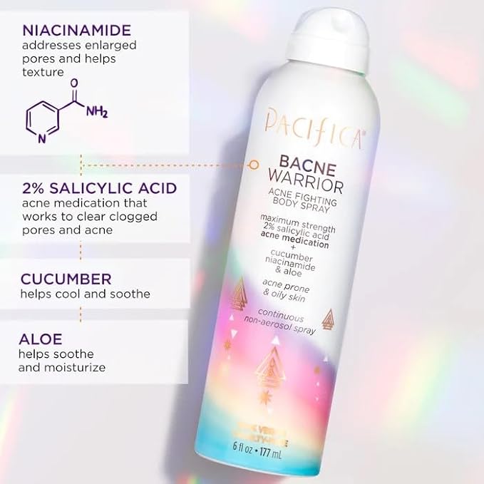 Pacifica Bacne Acne Cleanser Spray - Bacne Warrior - Body Spray for Acne Treatment - w/ 2% Salicylic Acid Niacinamide & Aloe - for Body, Chest & Back Acne for Teens & Adults Vegan Dermatologist Tested-GlimoraGlow