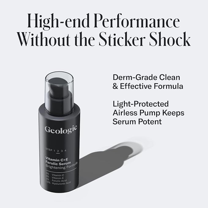 Geologie Vitamin C+E Ferulic Acid Face Serum | Brightening & Firming Anti-Aging Gel Formula | 5% Light-Protected & Stabilized Vitamin C , 0.5% Vitamin E, 1.5% Hyaluronic Acid | 30 ML-GlimoraGlow