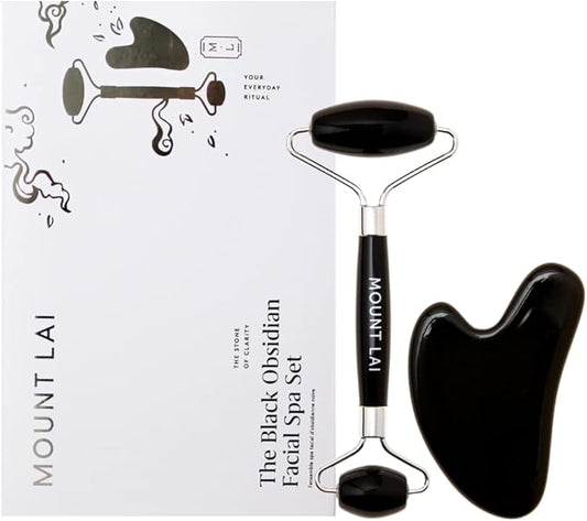 Mount Lai Obsidian Gua Sha Facial Tools, Black Obsidian Gua Sha Facial Tools Set and Roller, Guasha Tool for Face to Relieve Muscle Tension and Reduce Puffiness, Anti Aging Skin Care Sets for Women-GlimoraGlow