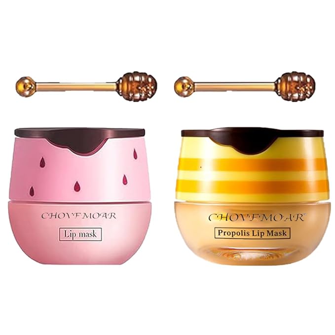 2 Pack Nourishing Lip Balm Honey Pot, Moisturizing Honey & Strawberry Propolis Lip Mask, Hydrating & Prevention Dry and Cracked Lip Scrubs Exfoliator Lip Sleeping Mask Reduces Lip Lines-GlimoraGlow