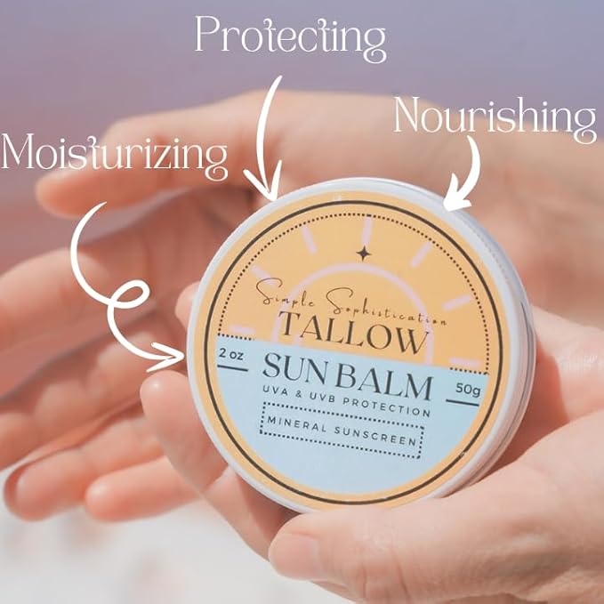 Tallow Sun Balm- with grassfed beef tallow, castor oil, zinc oxide | Mineral Sunscreen | Natural, Organic | Reef Safe, Ocean Friendly | Spf 30 - suitable for sensitive skin (2 oz) (Medium)-GlimoraGlow