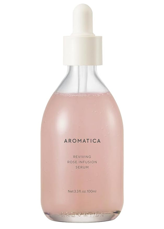 AROMATICA Reviving Rose Infusion Serum 3.38oz / 100ml, Vegan, Rejuvenating Hydration Serum, Vitality Serum for dry skin | with Damask Rose Water and Rose Oil-GlimoraGlow