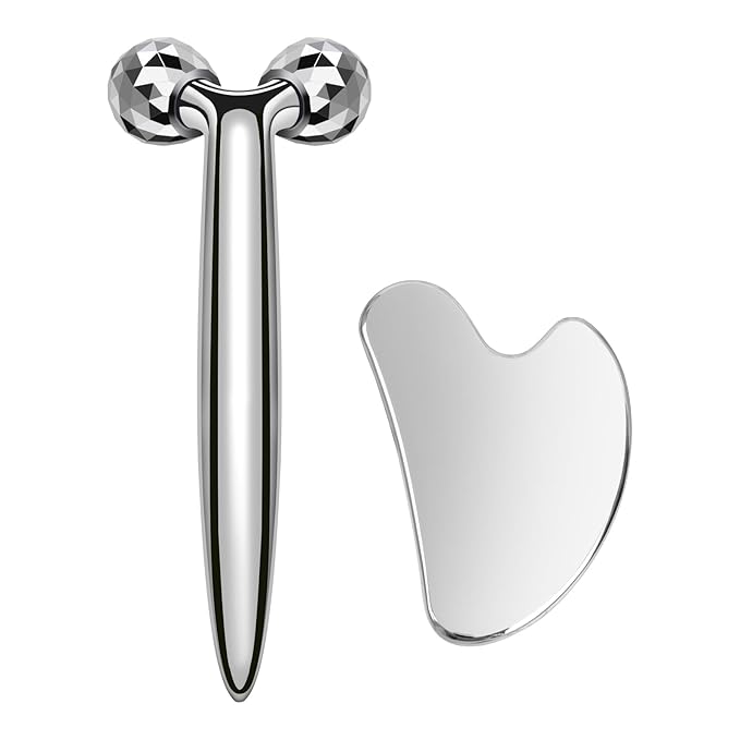 3D Gua Sha Facial Tools Metal Face Roller Stainless Steel Gua Sha Set Cooling Massage Tools for Reduce Puffiness, Firm Skin, Anti-Aging Care - Daily Facial Sculpting Gift for Women-GlimoraGlow