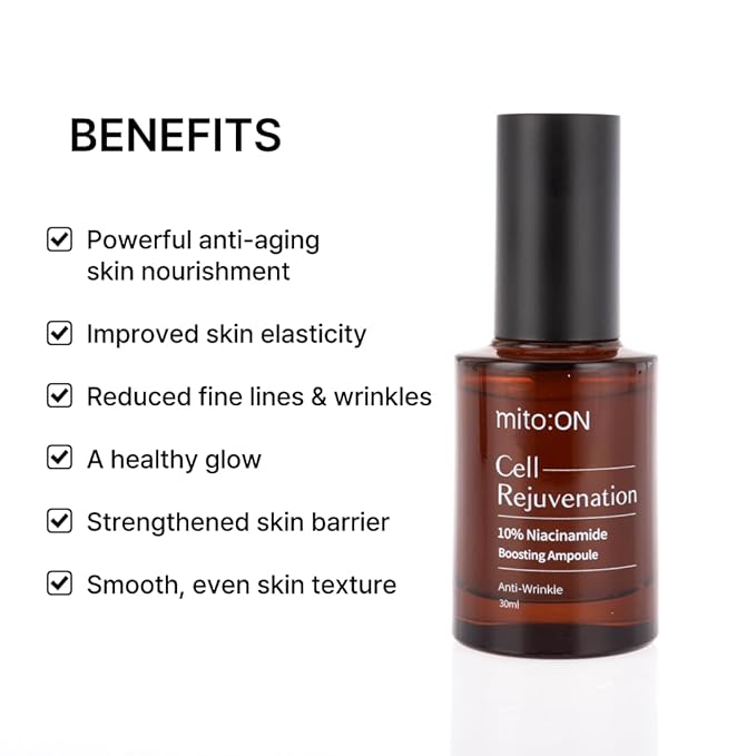 Mito-on Cell Rejuvenation Anti-Aging Serum, 30ml / 1.01 fl.oz –10% Niacinamide, Vitamin B3 and Antioxidants, Centella + EGF for Anti-Aging, Wrinkle Reduction, Pore minimization, Korean Skin Care-GlimoraGlow