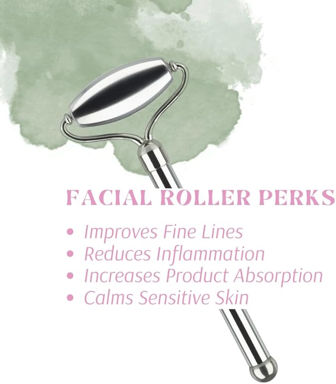 Stainless Steel Ice Roller & Rose Quartz Facial Set | Luxury Skin Care Tools for Lymphatic Drainage, Product Absorption, Skin Tightening, & Relaxation-GlimoraGlow