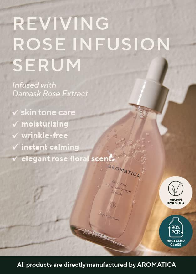 AROMATICA Reviving Rose Infusion Serum 3.38oz / 100ml, Vegan, Rejuvenating Hydration Serum, Vitality Serum for dry skin | with Damask Rose Water and Rose Oil-GlimoraGlow