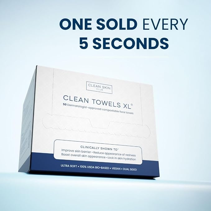 Clean Skin Club Clean Towels XL™, USDA Certified 100‪%‬ Biobased Dermatologist Approved Face Towel, Disposable Makeup Remover Dry Wipes, Facial Wash (4 pack)-GlimoraGlow