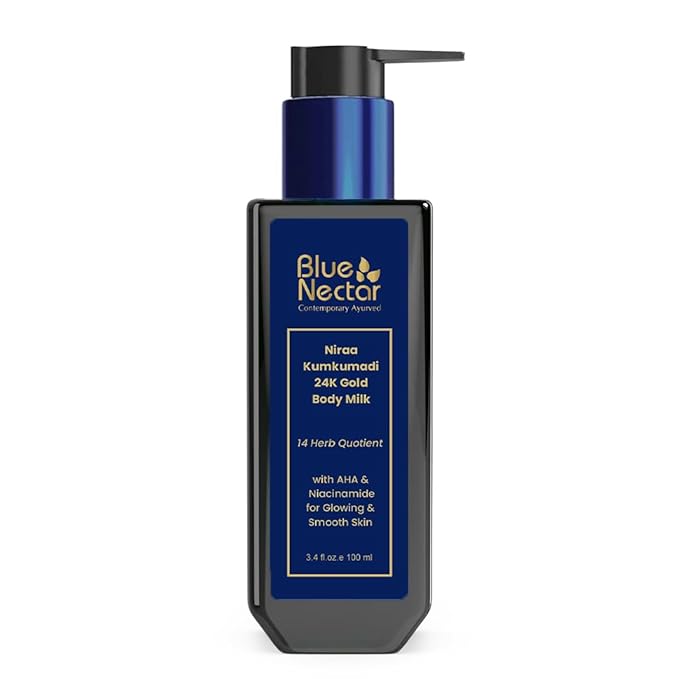 Blue Nectar 24K Carat Gold Body Milk for Women & Men | Body Lotion with Plant Based AHA & Niacinamide | Moisturizer for Body | All Skin Types (14 Herbs, 3.38 Fl Oz)-GlimoraGlow