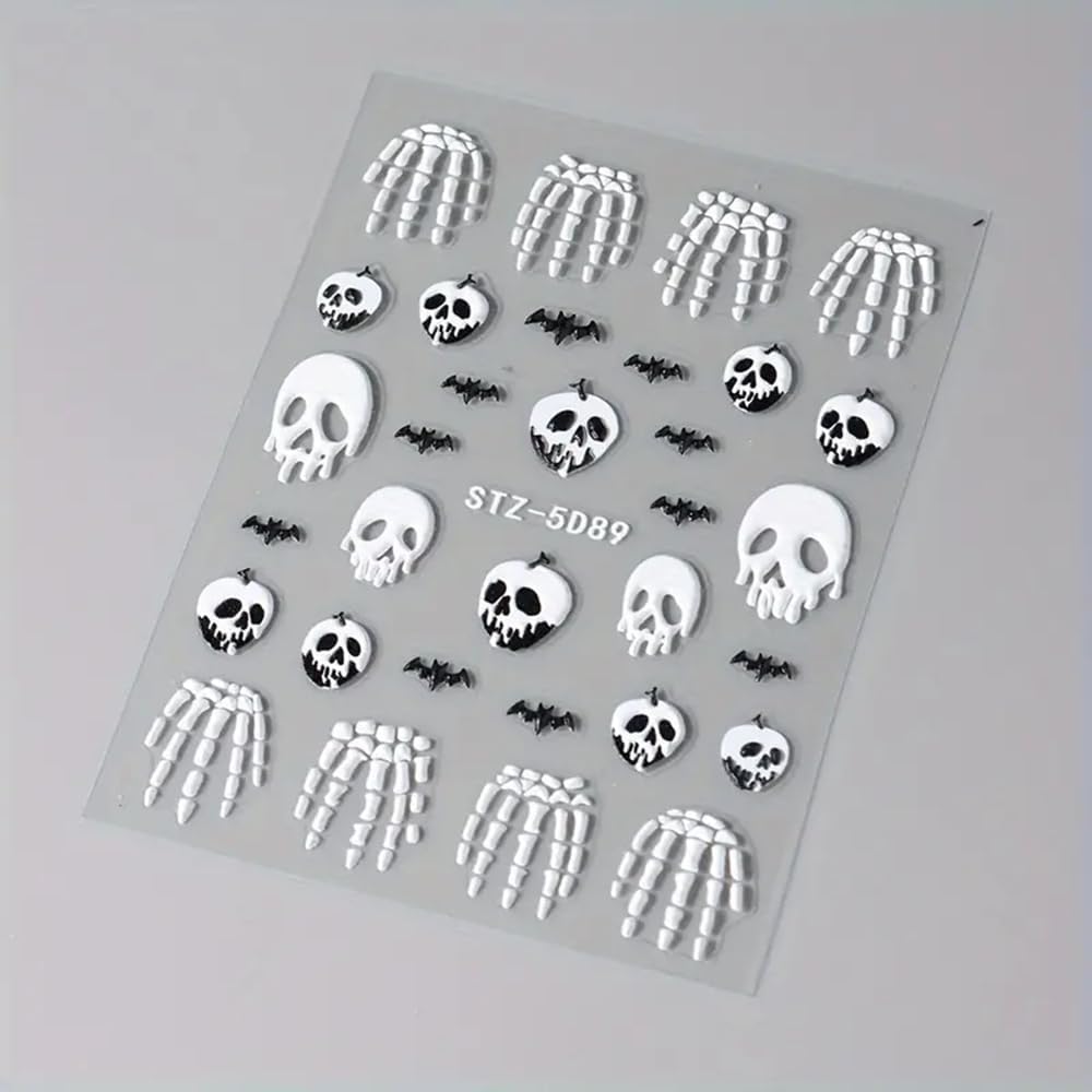 2 Pcs Halloween Nail Art Stickers 5D Embossed Scary Skull Self-Adhesive Nail Decals Halloween Stickers Bat Bones of The Dead Designs Nail Decorations Holiday DIY Acrylic Nail Accessories for Women-GlimoraGlow
