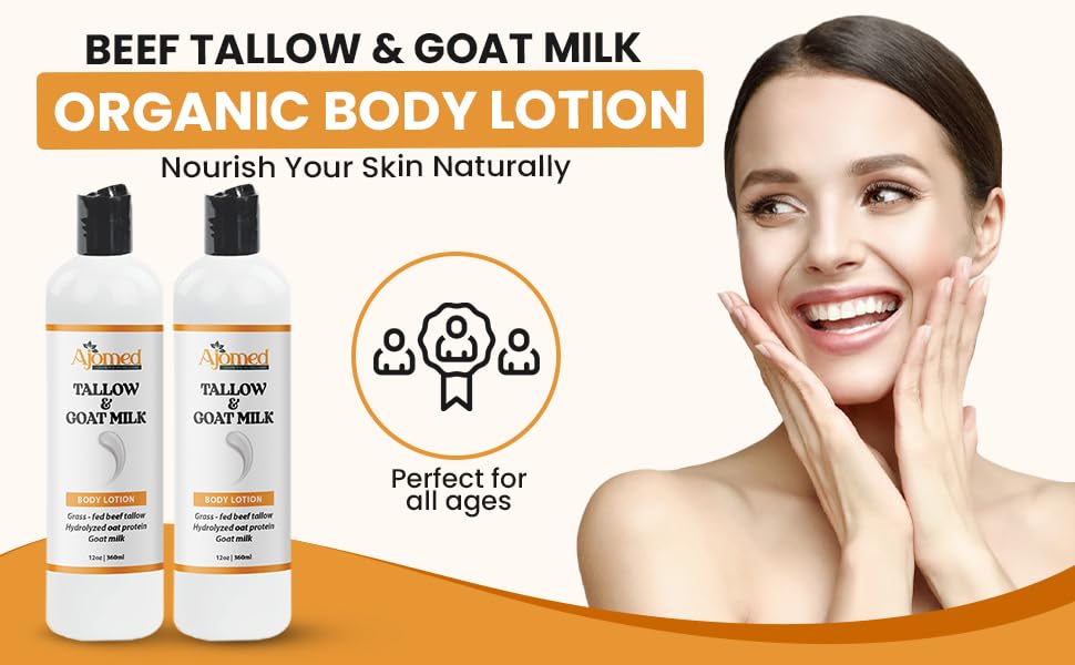 Grass Fed Beef Tallow & Goat Milk Body Lotion for Sensitive Skin, Organic Tallow Lotion - Soothes Dry Patches, dry skin, Eczema-Goat Milk Moisturizer - Handmade Tallow Body Lotion (UNSCENTED, 12 Oz)-GlimoraGlow