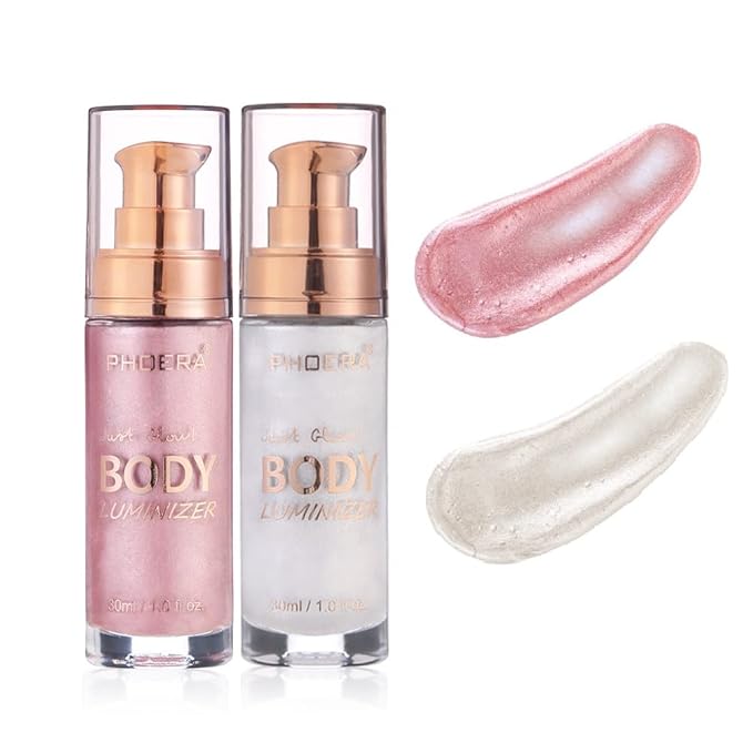 2 Pack PHOERA Shimmer Body Lotion, High Gloss Waterproof Glitter Face Body Luminizer Oil Highlighter Makeup .104# Sparkle Pink&105# White moonbeam-GlimoraGlow