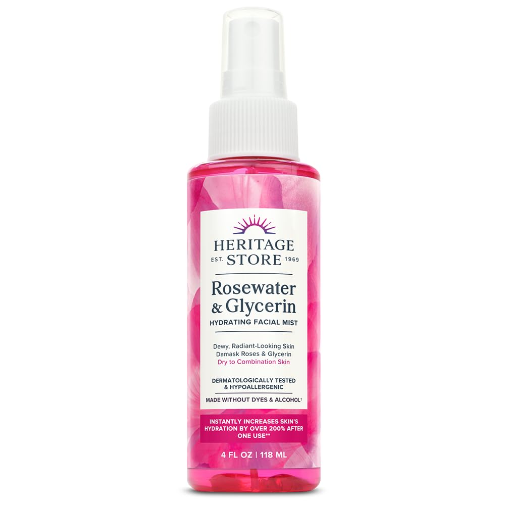 HERITAGE STORE Rosewater & Glycerin Hydrating Facial Mist - Dry Combination Skin Care - Rose Water Spray w/ Vegetable Glycerine, Made Without Dyes or Alcohol, Hypoallergenic, Vegan, Cruelty Free, 4oz-GlimoraGlow