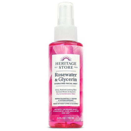 HERITAGE STORE Rosewater & Glycerin Hydrating Facial Mist - Dry Combination Skin Care - Rose Water Spray w/ Vegetable Glycerine, Made Without Dyes or Alcohol, Hypoallergenic, Vegan, Cruelty Free, 4oz-GlimoraGlow
