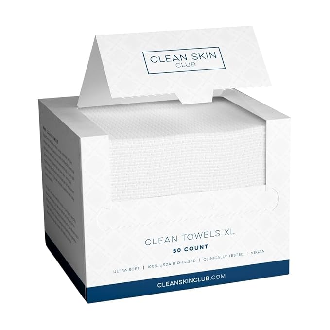 Clean Skin Club Clean Towels XL, 100% USDA Biobased Dermatologist Approved Face Towel, Disposable Clinically Tested Face Towelette, Facial Washcloth, Makeup Remover Dry Wipes, 100 ct, 2 pack-GlimoraGlow
