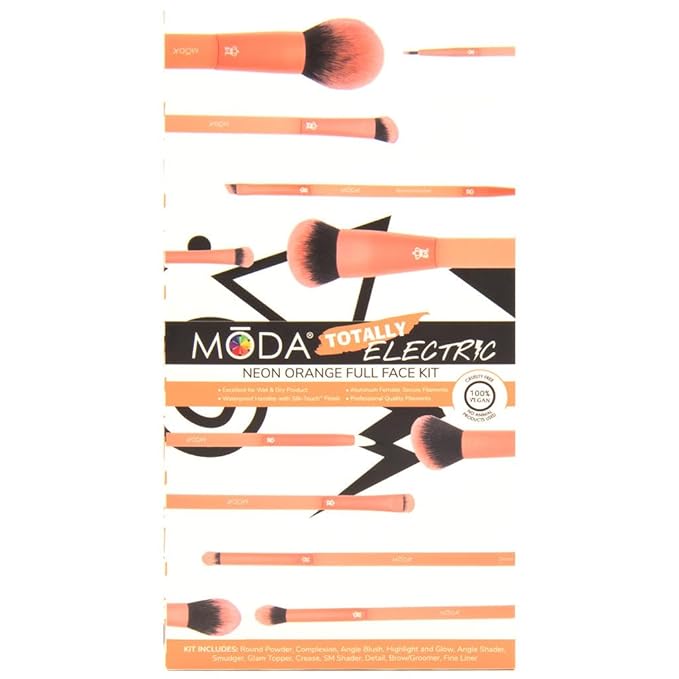 MODA Totally Electric Neon Orange Full Face Makeup Brush Kit – 13pc Vibrant Brush Set for Face & Eyes with Zip Case-GlimoraGlow