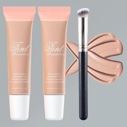 2 Pack Liquid Foundation Cream with Foundation Brush for Face Makeup,Durable Full Coverage Matte Concealer Make Up,Oil Control & Waterproof Base Primer -1 Fl.Oz (#04)-GlimoraGlow