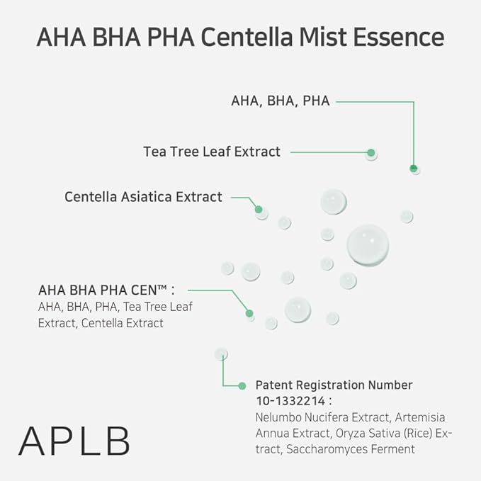 APLB AHA BHA PHA Centella Mist Essence | AHA BHA PHA CEN™ 23.8% 3.55 FL.OZ/Korean Skincare, Exfoliant, Replenishing Moisture, Revitalize for Gentle and Improve Skin Texture-GlimoraGlow