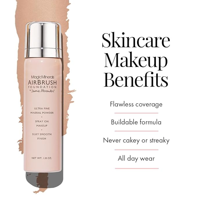 Jerome Alexander MagicMinerals AirBrush Foundation, Spray Makeup with Skincare Active Ingredients, Ultra-Light, Buildable, Full Coverage Formula (Light Medium)-GlimoraGlow