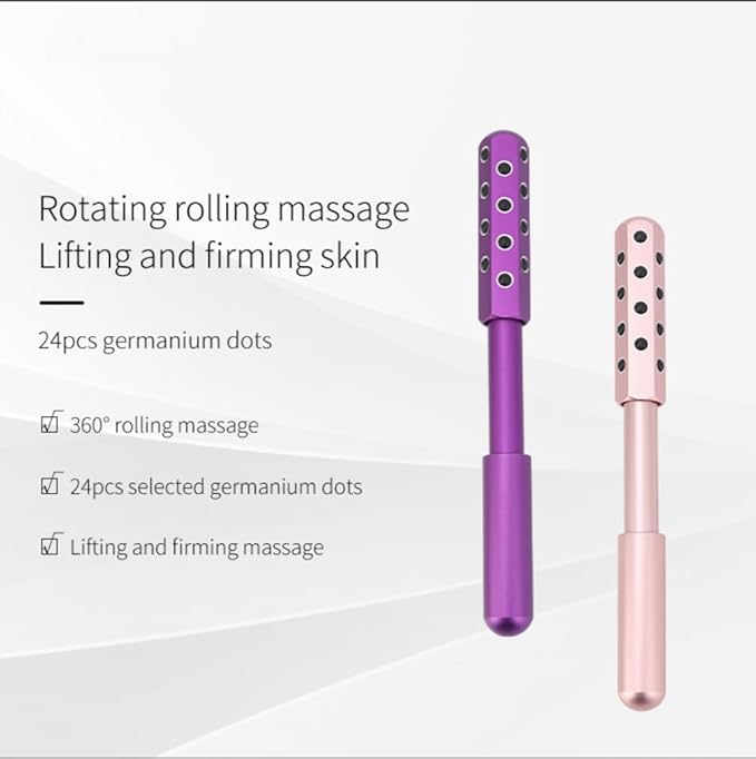 24-Stone Facial Roller - Cooling Face & Neck Massager Tool for Skin Rejuvenation | 360° Contouring with Germanium Stones & Aircraft Aluminum | Portable 7.6" Beauty Roller - Purple-GlimoraGlow