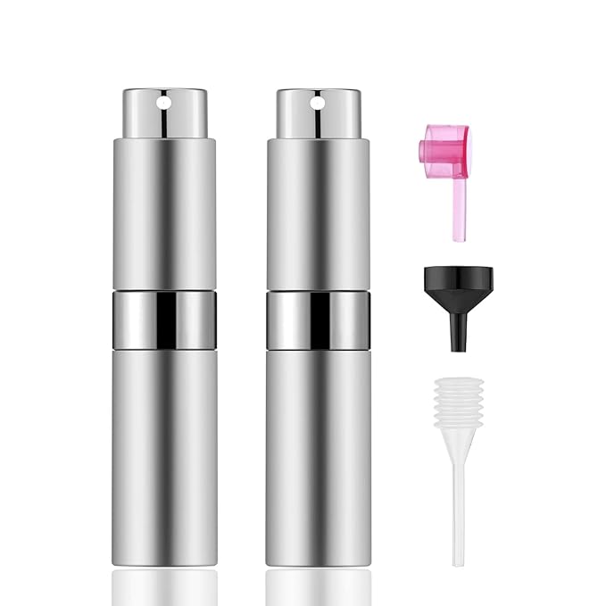 2 PCS/8ml Portable Mini Perfume Atomizer bottles, Empty Refillable Spray Bottle with 3 Types of Refill Tools, Pocket Travel Perfume Sample Bottles(Silver)-GlimoraGlow