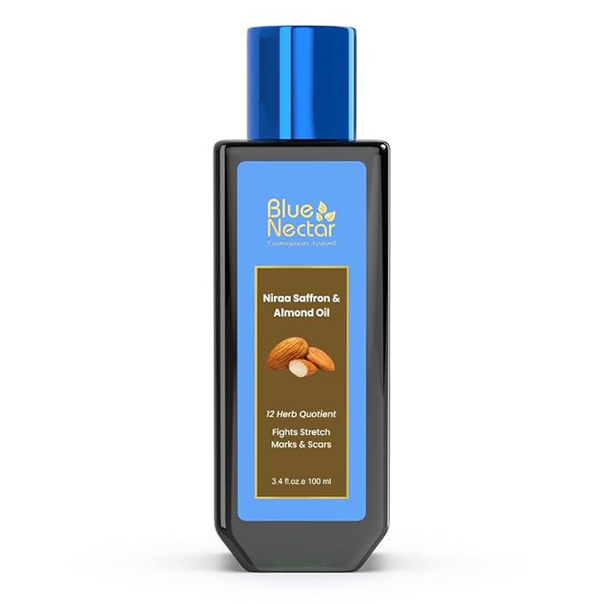Blue Nectar Saffron & Almond Oil, Ayurveda Product for Crepey Skin | Skin Firming Body Oil for Stretch Marks (12 Herbs, 3.38 Fl Oz)-GlimoraGlow