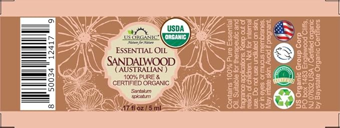 US Organic 100% Pure Sandalwood Essential Oil, USDA Certified Organic, Steam Distilled, Santalum Spicatum, Premium Quality, Woody Scent, Ideal for Diffuser, Massage & Skincare, from Australia (5 ml)-GlimoraGlow