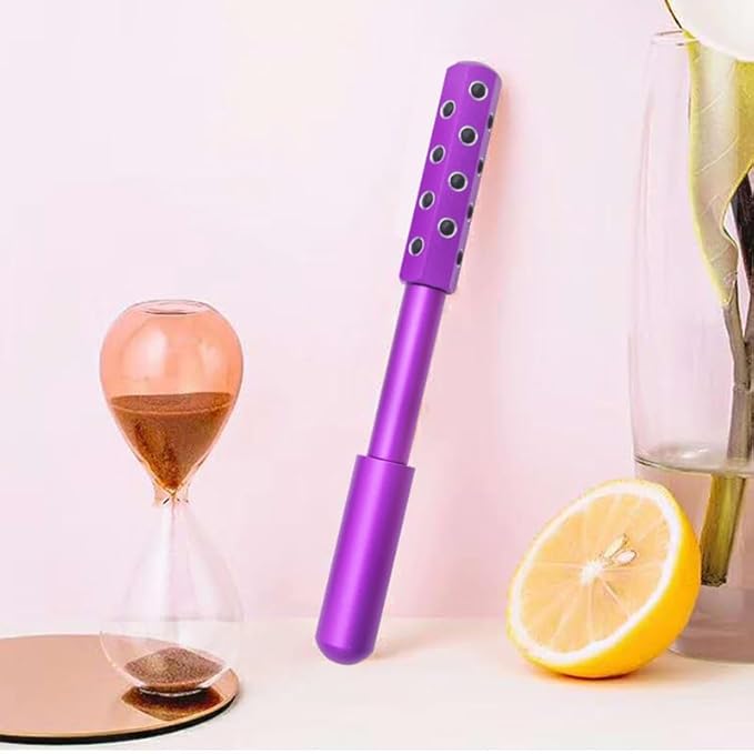24-Stone Facial Roller - Cooling Face & Neck Massager Tool for Skin Rejuvenation | 360° Contouring with Germanium Stones & Aircraft Aluminum | Portable 7.6" Beauty Roller - Purple-GlimoraGlow