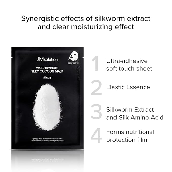 JMsolution Water Luminuous Silky Cocoon Black Mask - Korean Skincare Facial Mask - Silkworm extract amino acid -Nutrition and Moisturization Synergy - 10 sheets for a sensitive skin-GlimoraGlow