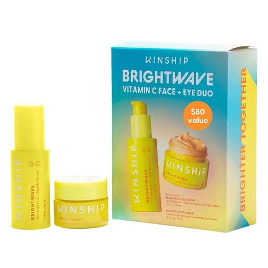 Kinship Brightwave Vitamin C Face + Eye Duo | 10% Vitamin C Serum (1 Fl Oz) | Brightening Eye Cream (0.5 Oz) | Fade Dark Spots | Reduce Fine Lines, Wrinkles, Dark Circles + Puffiness | All Skin Types-GlimoraGlow