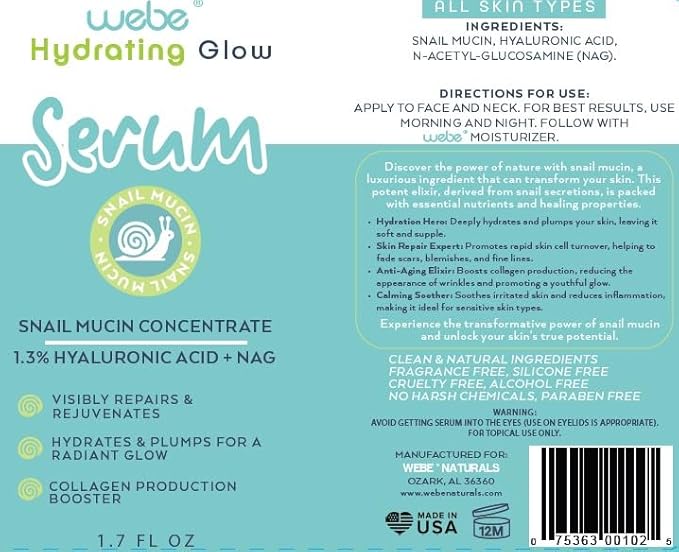 WEBE Naturals Snail Mucin 94% Hydrating Glow Serum | 1.3% Hyaluronic Acid & N-Acetyl Glucosamine | Collagen Boosting, Plumping, Anti Aging, Intense Moisturizing Serum for Radiant, Dewy Skin-GlimoraGlow