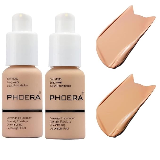 2 Pack PHOERA Foundation 103# Warm Peach and 104# Buff Beige, Flawless Soft Matte Liquid Foundation,24 HR Full Coverage Mattle Oil-Control Foundation Makeup.-GlimoraGlow