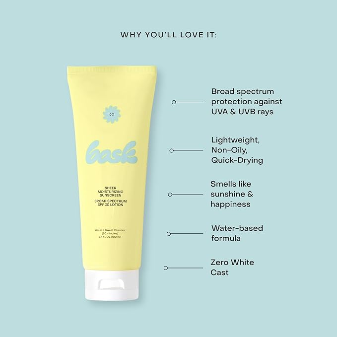 Bask Suncare SPF 30 Sheer Moisturizing Sunscreen Lotion - Broad Spectrum UVA/UVB Protection, Dermatologist Recommended, Hydrating, Lightweight & Fast Absorbing, No White Cast, Travel Size, 3.4 fl oz-GlimoraGlow