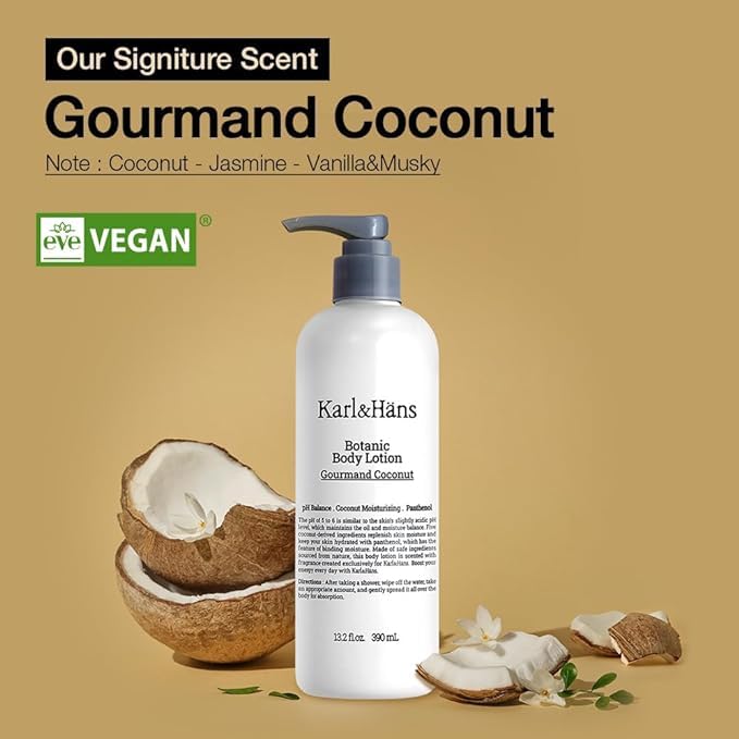 Karl&Hans Botanic Vegan Body Lotion Gourmand Coconut, Long-lasting Hydration with Soothing Coconut Fragrance - For Hands and Body, 13.2 fl oz-GlimoraGlow