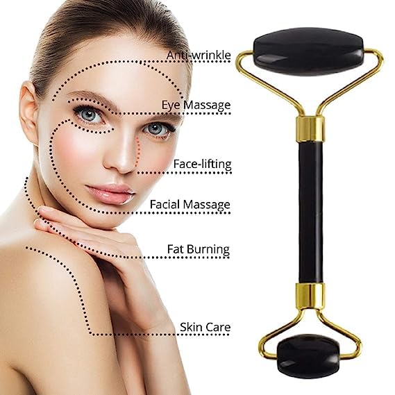 Black Obsidian Jade Facial Roller & Gua Sha Set 100% Natural Source from Highest Altitude of Himalayan Two-Sided Face Neck Massager Stone Beauty Tool-GlimoraGlow