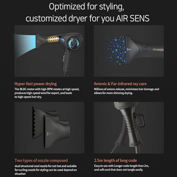 JMW Korean Professional Salon Hair Dryer AIR Sense I 15 Winds-3 Heat X 5 Speed Mix, 2 Nozzles & Dryer Stand, Upgrade BLDC Motor, 100% Cool Shot, Smart Memory, Fast Drying, Quiet and Long-Lasting-GlimoraGlow