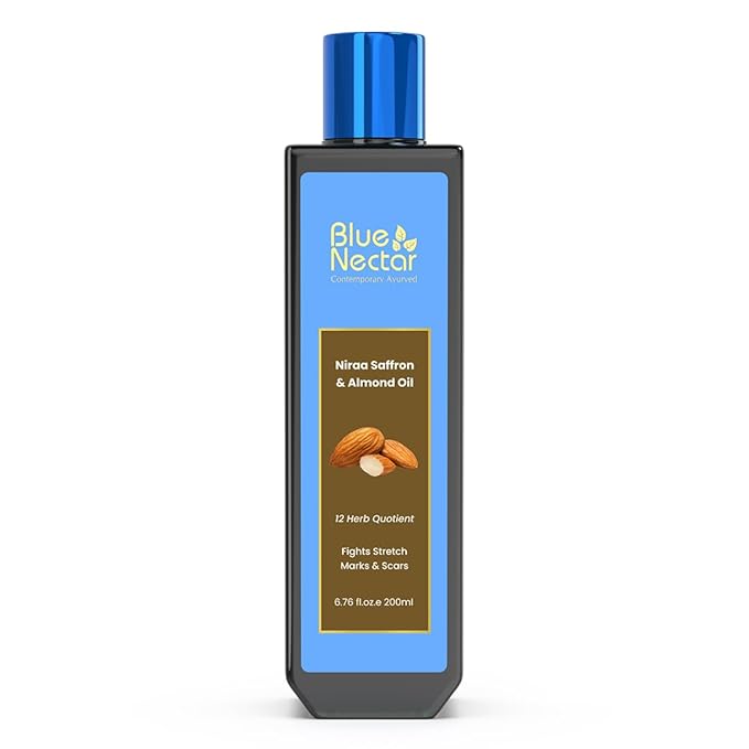 Blue Nectar Saffron & Almond Oil, Ayurveda Product for Crepey Skin | Skin Firming Body Oil for Stretch Marks (12 Herbs, 6.76 Fl Oz)-GlimoraGlow