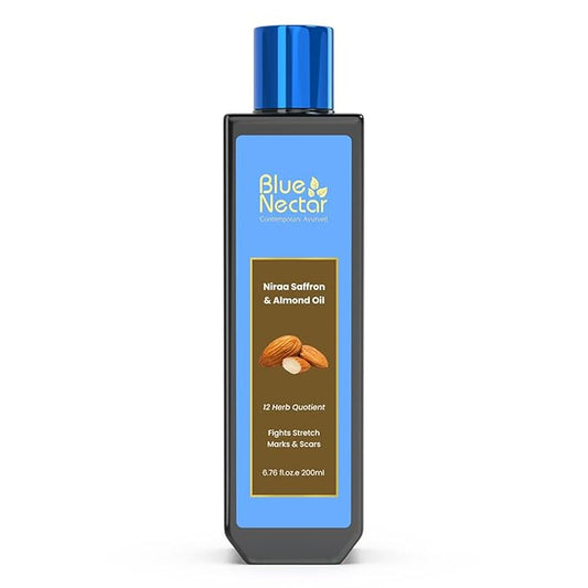 Blue Nectar Saffron & Almond Oil, Ayurveda Product for Crepey Skin | Skin Firming Body Oil for Stretch Marks (12 Herbs, 6.76 Fl Oz)-GlimoraGlow