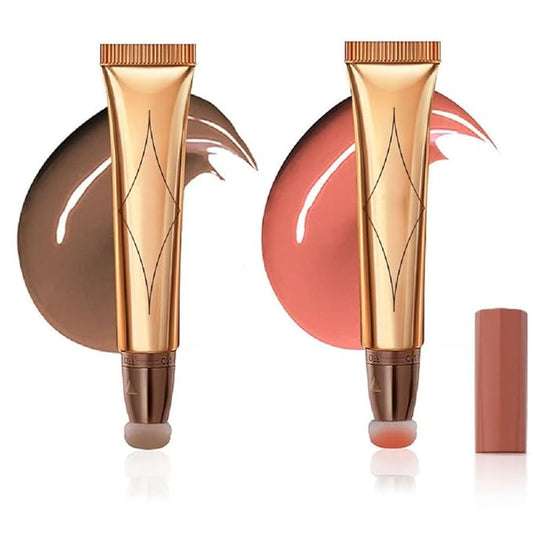 2 Color Contour Beauty Wand, Highlighter ，Face Concealer Contouring with Cushion Applicator Long Lasting & Smooth Matte Finish Liquid Illuminator Makeup Stick (01# Contour&02#Peach Pink)-GlimoraGlow